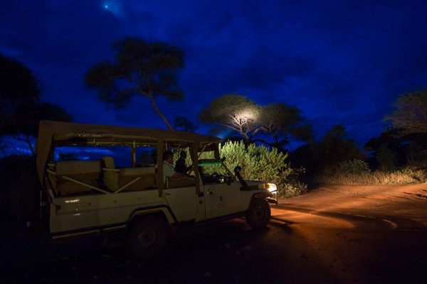 game-drive-night-safaris-uganda | Uganda Car Rental Services White open-top safari jeep parked on a dusty dirt road at night, two people visible in the back seats, under a deep blue sky with trees lit by headlights.